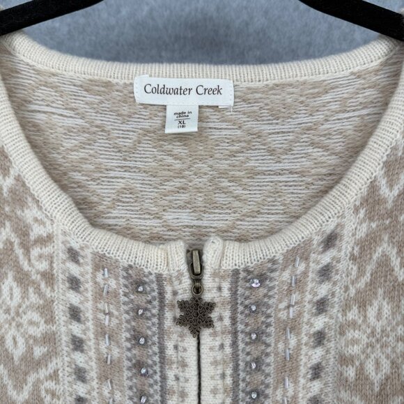 Coldwater Creek Snowflake Full Zip Cardigan Sweater Size XL Tan Wool Knit NEW - Picture 7 of 13